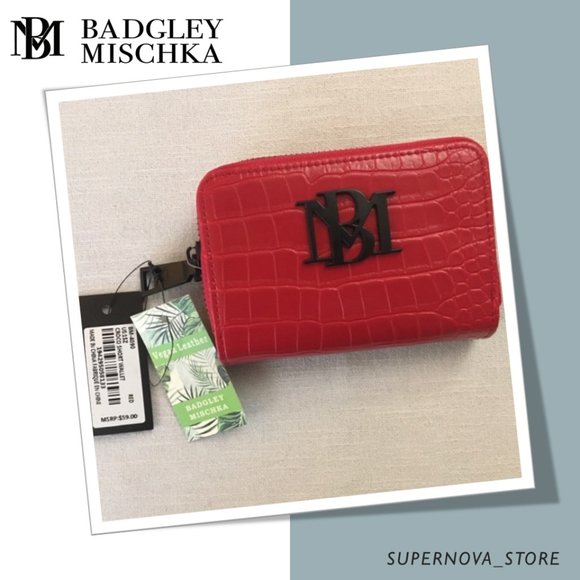 Badgley Mischka Small Red Zip Coin ID Card Wallet Vegan Croco Leather Black Logo - Picture 1 of 11